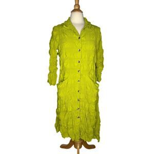Chalet Green Textured Button Front Lagenlook Lightweight Dress Bohemian EE20